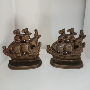 Vintage Cast Iron Spanish Galleon Ship Bookends - Cross & Emblem Sails 2 Lbs Eac